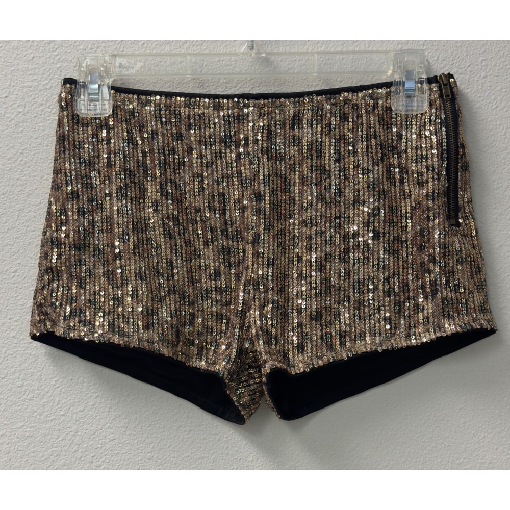 Romwe Sequin Shorts Womens M Gold Bronze Leopard Print Side Zip Metallic Disco